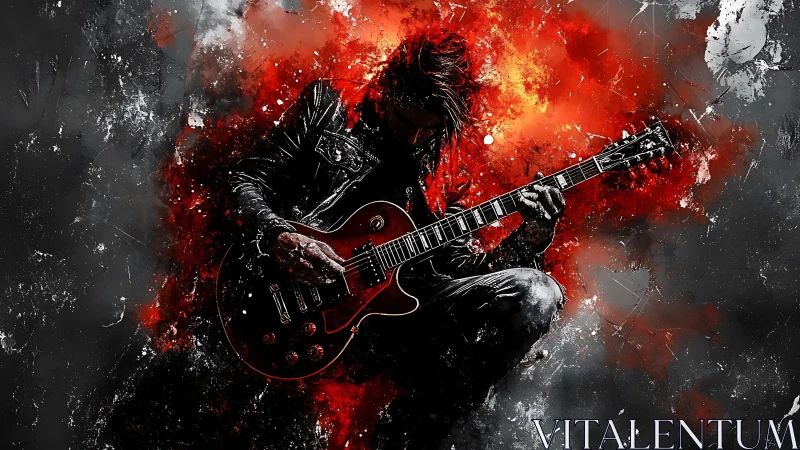 Silhouetted guitarist with electric guitar amid red abstract field.