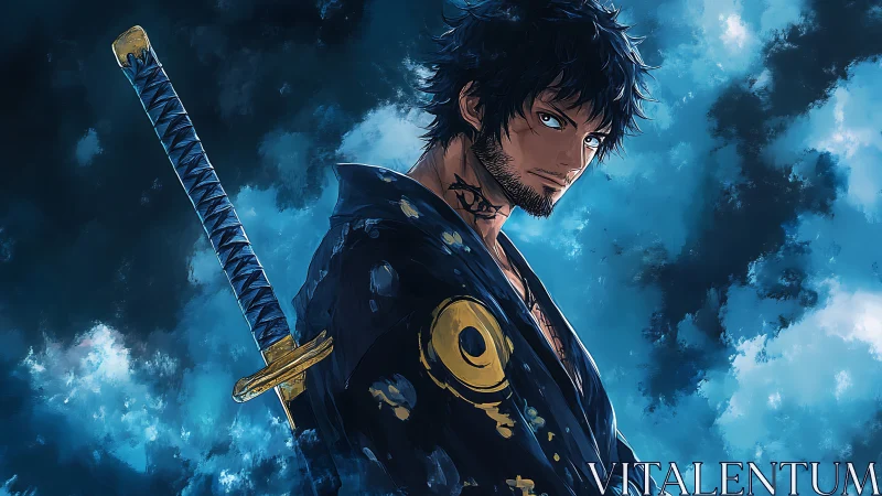 Calm swordsman gazes ahead in swirling moonlit blues.