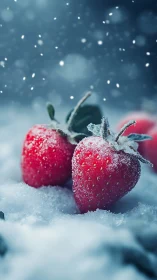 Frosted strawberries rest in sparkling winter snow.