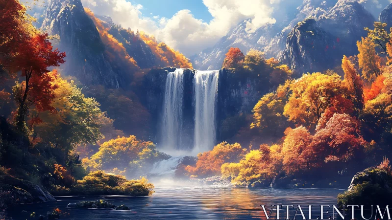 Golden autumn waterfall pours into a calm mountain lake