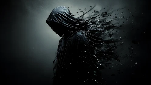 Hooded shadow unraveling into drifting midnight shards.