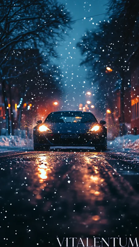 Car with headlights on moves along snowy urban street at dusk