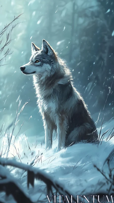 Wolf in snowy forest under diffuse cold morning light.
