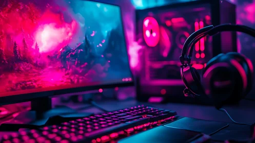 Neon storms awaken a gamer’s desk into electric twilight