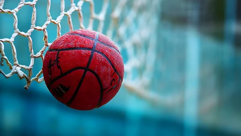 Close-up wet basketball captured in net with shallow depth