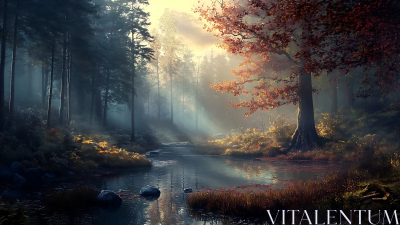 Misty Forest Stream with Autumn Light.