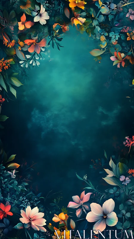 Layered Floral Arrangement with Triadic Color Palette on Textured Teal Ground