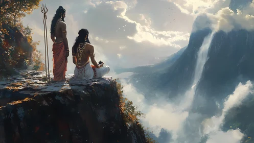 Mountain seers watching celestial waterfalls in drifting mist.