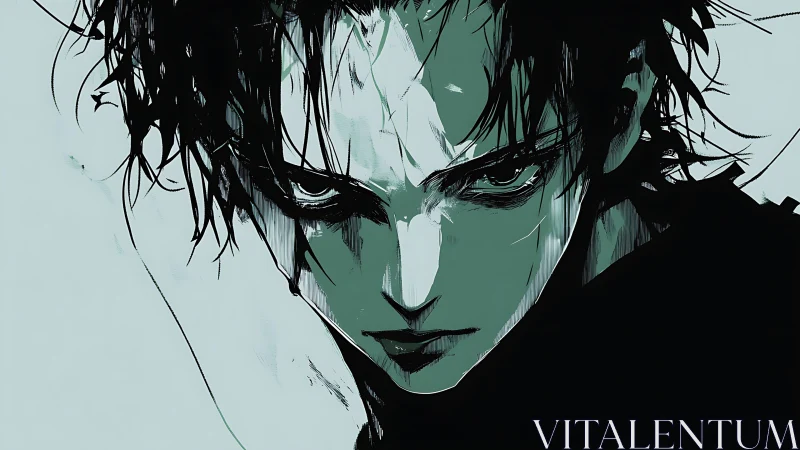 Storm-lit stare of a shadowed anime antihero at dusk.