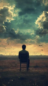 Solitary seated figure observing expansive cloudy sky.