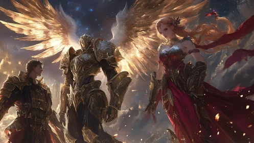 Winged war council catches firelight above storm-tossed clouds