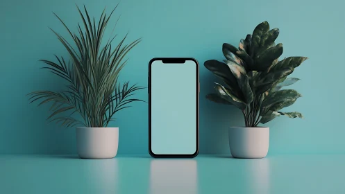 Smartphone Stands Guard Between Two Verdant Companions