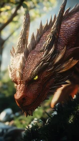 Woodland ember dragon spying through sunlit leaves.