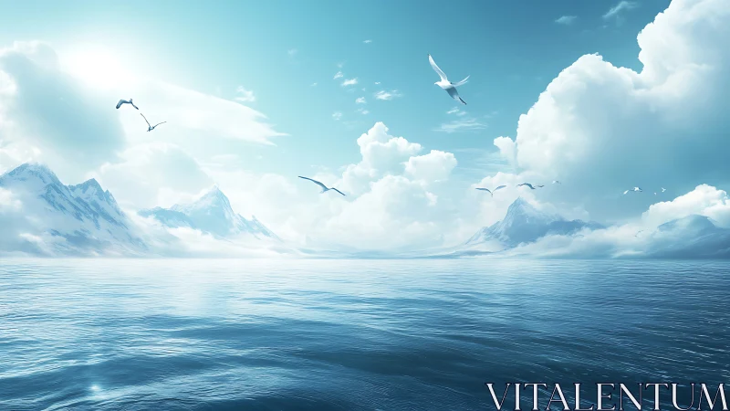 Gentle arctic sea opens under soaring birds and bright clouds