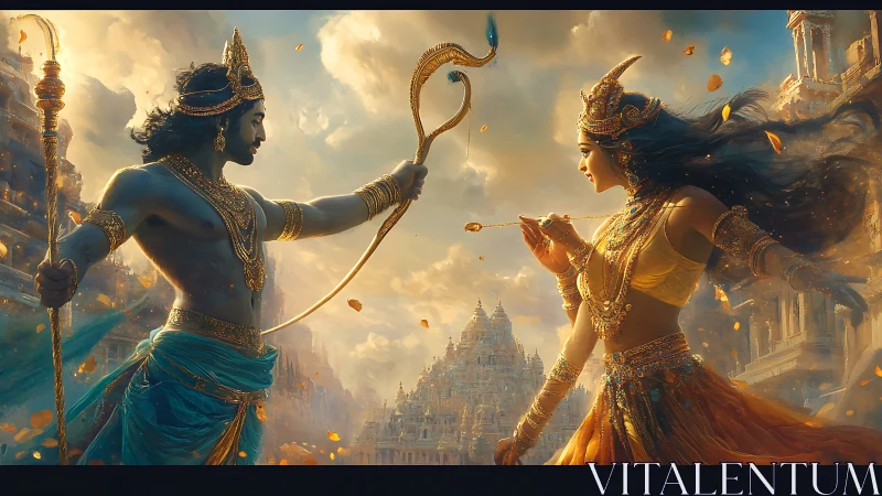 Divine warrior couple poised before radiant celestial temple.