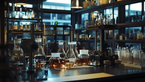 Ambiently lit analytical chemistry lab with amber reagents