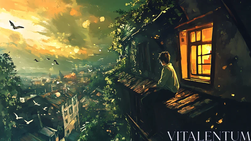 Twilight rooftop solitude beside a glowing windowed room.