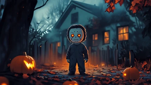 Cute masked trick-or-treater glowing on a spooky path.