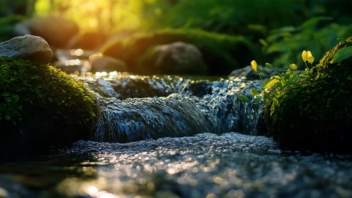 Sunlit forest stream cascading between mossy green stones.