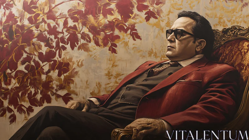 Mafioso kingpin reclines in crimson suit and gilded chair.