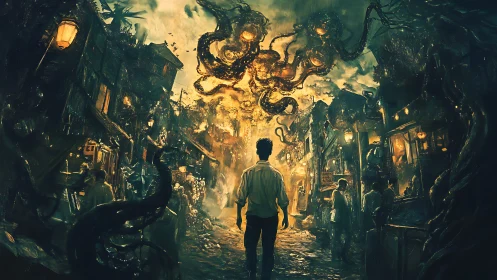 Solitary wanderer facing eldritch sky-born leviathan.