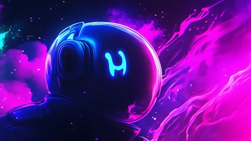 Neon astronaut observes swirling pink cosmic nebula glow