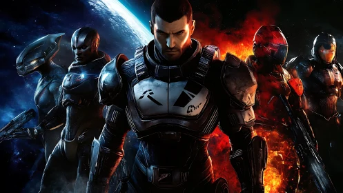 Armored space squad in planetary orbit with fiery backdrop.