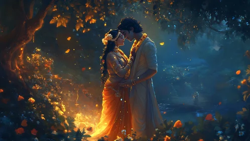 Luminous Embrace Under Enchanted Canopy of Fire.