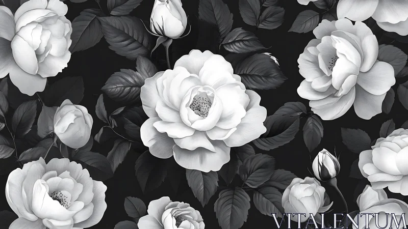 Monochromatic botanical composition displaying full-bloom white roses with detailed stamen structure