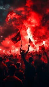 Crowd silhouette with red flares and flags under stormy night sky