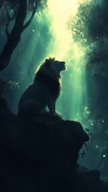 Majestic lion illuminated by ethereal forest skylight.