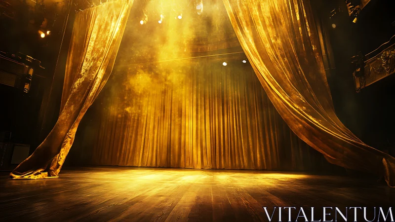 Golden theater stage with closed curtains and spotlights.