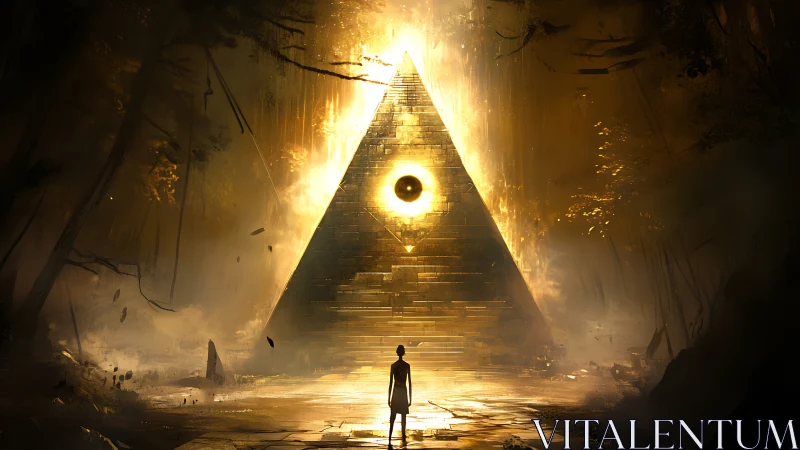 Solitary figure before glowing pyramid eye portal.
