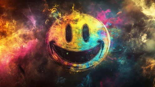 Chromatic nebula backdrop with distressed neon smile emblem