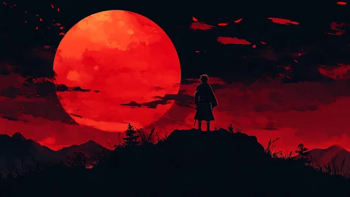 Lone warrior contemplates a looming crimson moon in silence