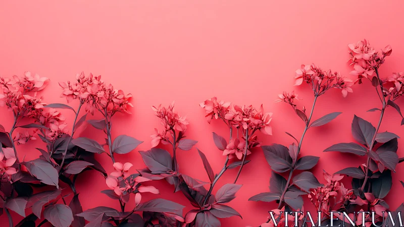 Red flowers arranged against monochromatic pink background.