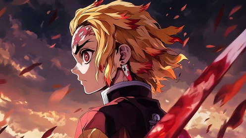 Fiery warrior in dusk sky, bloodied blade in motion.