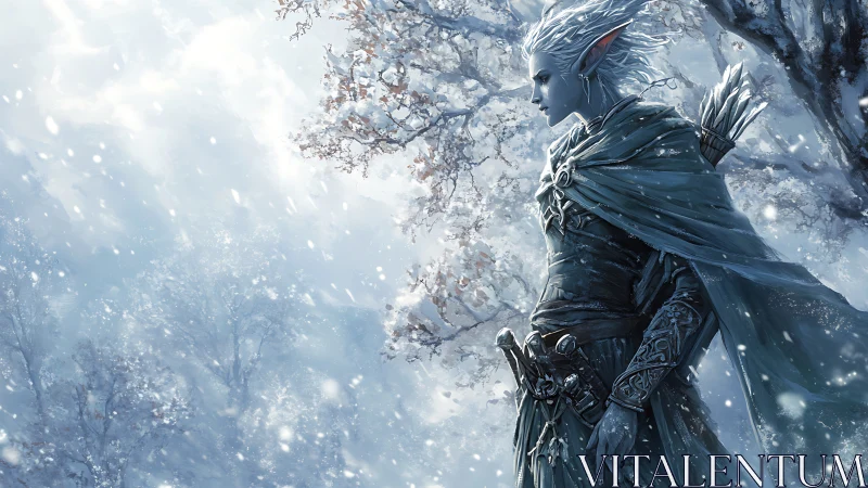 Winter elf ranger watching over a quiet enchanted forest.