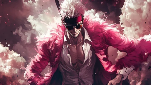 Confident pink coated antihero strides through swirling clouds.