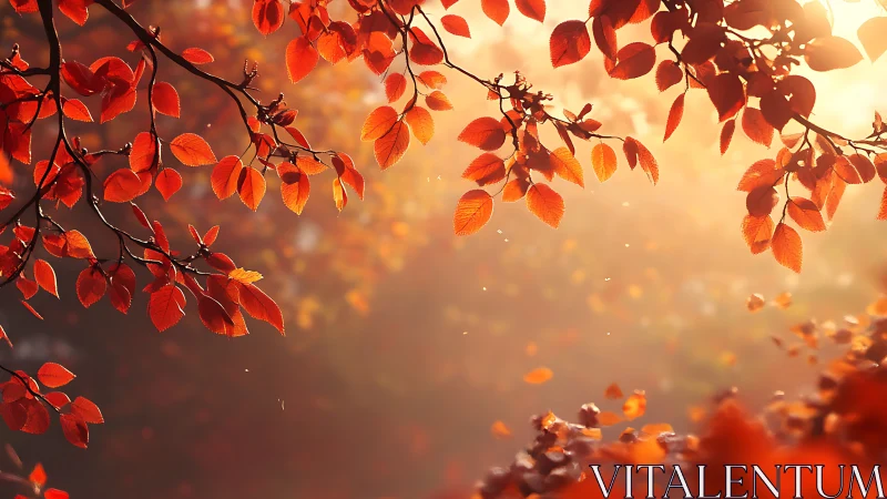 Golden sunlight pours through drifting autumn leaves