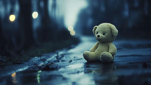 Lonely plush teddy bear sits on wet road at dusk