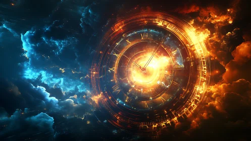 Luminous circular clock mechanism amid contrasting clouds.