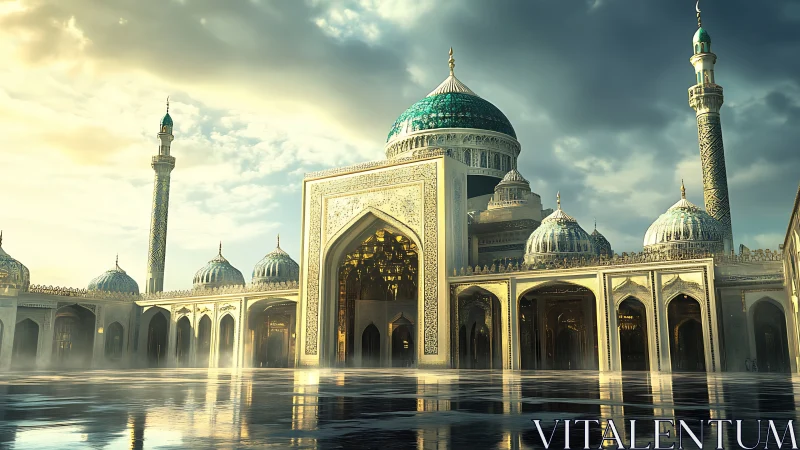 Sunlit turquoise-domed mosque with mirrored marble courtyard.
