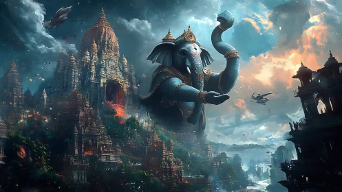 Colossal elephant deity floats above futuristic temple city.