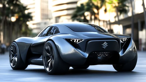 Streetlit silver predator hums through a blurred palm canyon