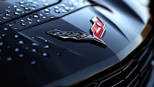 Close-up shows wet black sports car hood with chrome emblem
