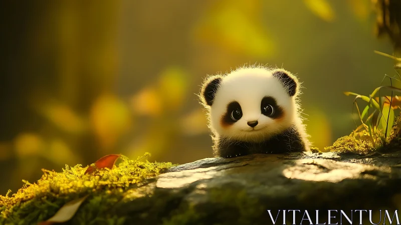 Tiny panda cub resting on mossy rock in golden forest light.