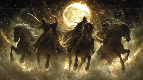 Four hooded riders charge on dark horses under full moon.