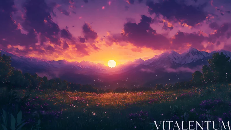 Vibrant sunset over alpine meadow with glowing wildflowers.