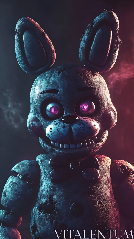 Glowing eyed robot bunny stands in moody neon mist tonight